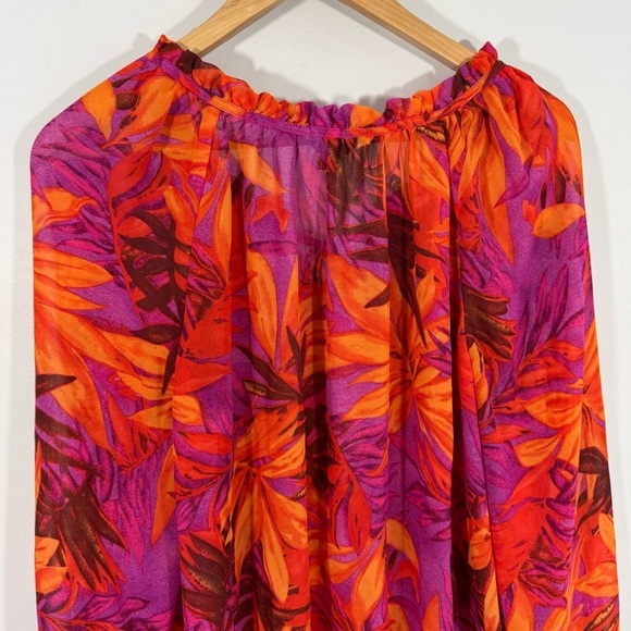 Vintage Tropical Sheer Peasant Blouse Orange Purple Floral Top Wide Sleeve EUC - Picture 6 of 10